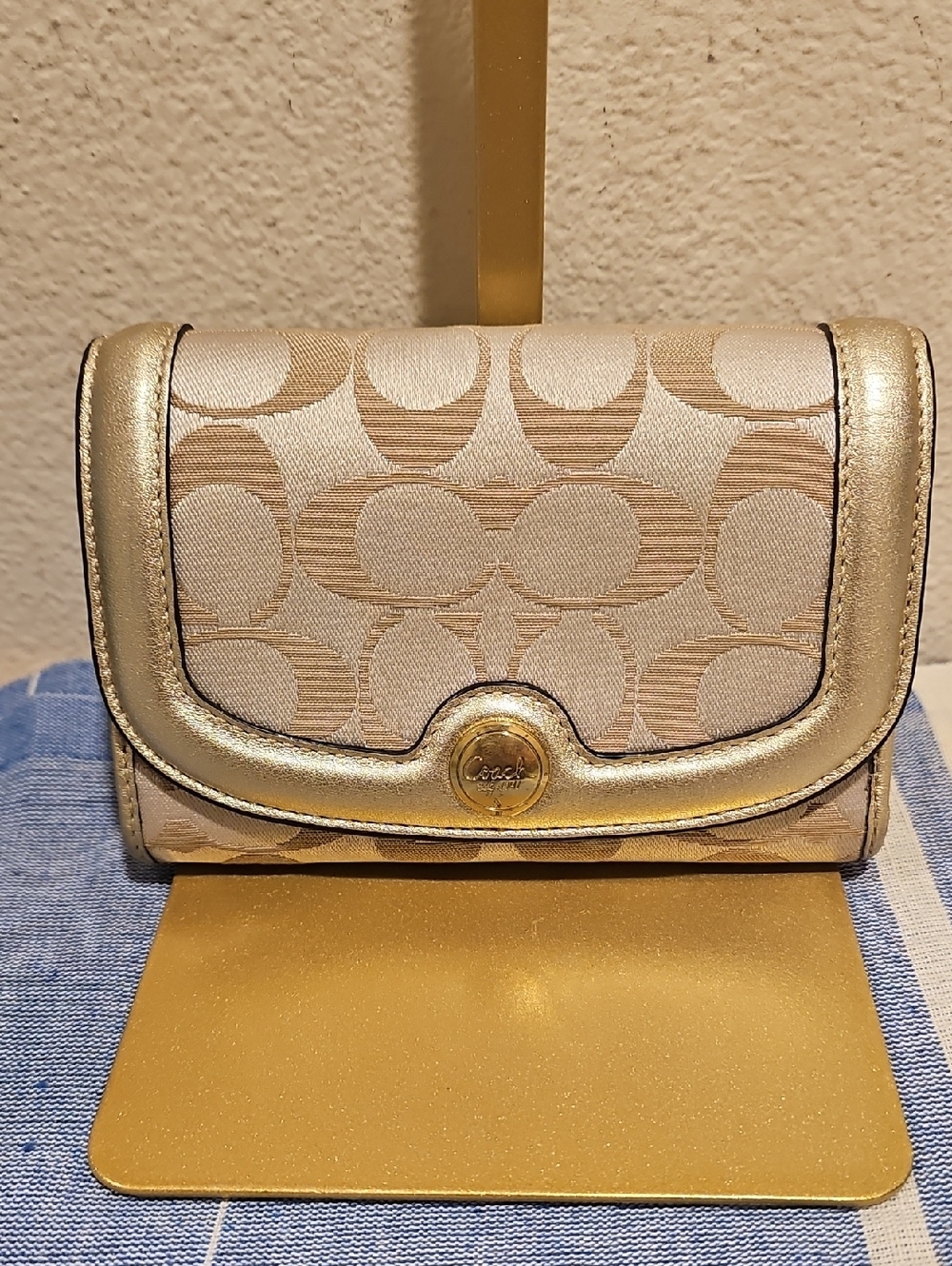 Coach Compact Signature Wallet in Gold and Tan